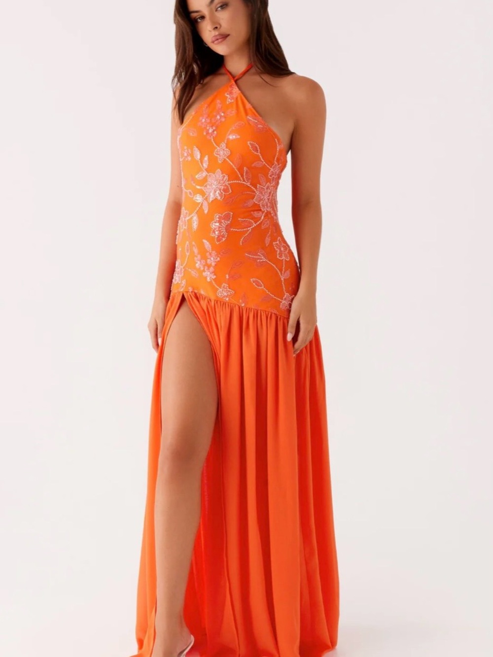 Peppermayo Janelle Beaded dress Orange Halter Maxi Dress with Floral Embroidery - Picture 5 of 6